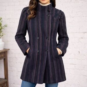 Vintage 80s New York Girl Wool Stripe Coat Size 9 ILGWU USA Made Navy Gray Plum